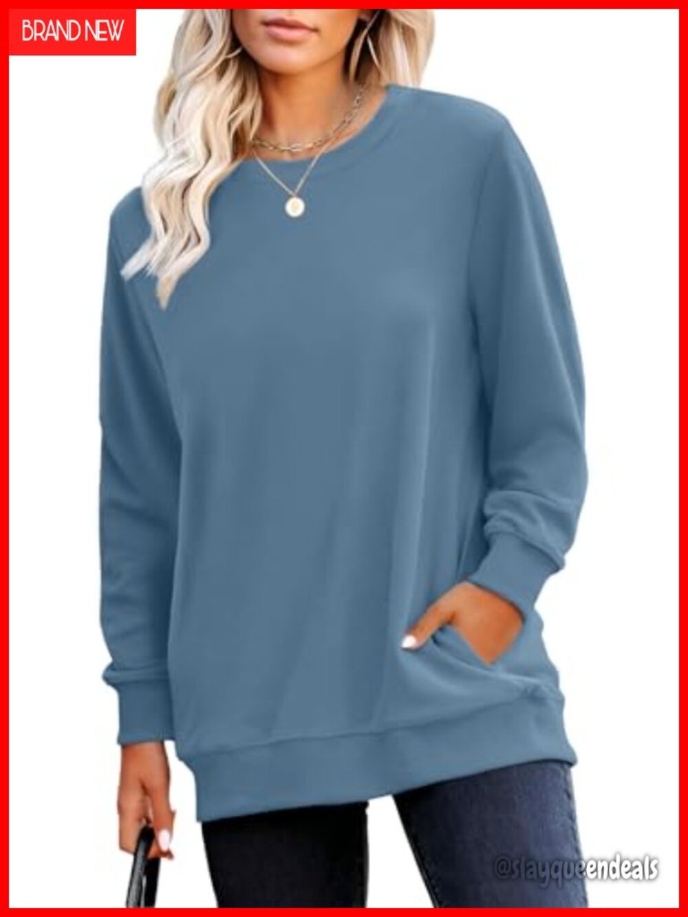 Crewneck Sweatshirt for Women with Pockets Fall Long Sleeve Tunic
